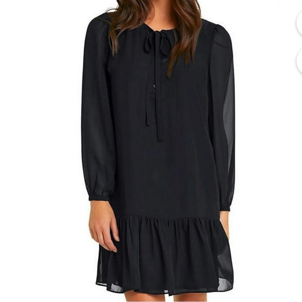 Draper James Black Long-Sleeve Tie-Neck Ruffle Hem Dress